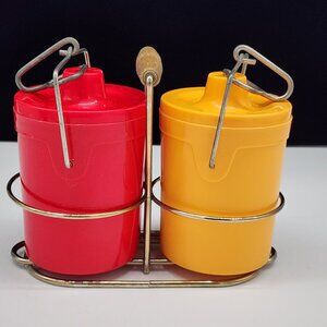 Vintage 1970s Red Yellow Plastic Condiment Containers Metal Holder Wooden Handle